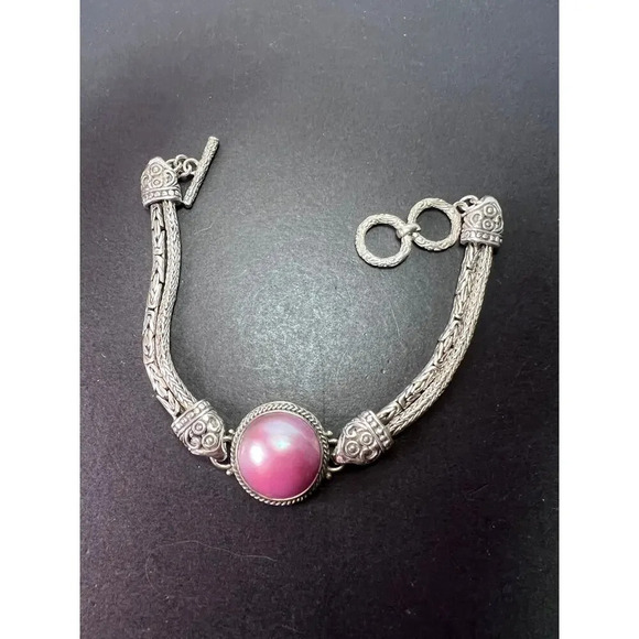 Bali sterling silver pink mabe pearl toggle clasp bracelet - Picture 2 of 6